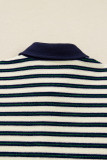 Navy Blue Striped Print Contrast Collar Zip V Neck Long Sleeve Top