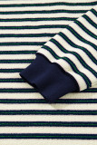 Navy Blue Striped Print Contrast Collar Zip V Neck Long Sleeve Top