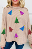 Parchment Sequin Christmas Tree Exposed Seam Drop Shoulder Ribbed Long Sleeve Top