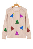 Parchment Sequin Christmas Tree Exposed Seam Drop Shoulder Ribbed Long Sleeve Top