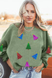 Grass Green Glitter Christmas Tree Patched Pattern Corded Baggy Sweatshirt