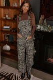 Brown  Leopard Print Straight Leg Loose Denim Overall Jumpsuit