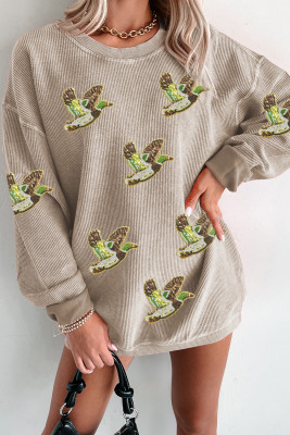 Smoke Gray Sequined Bird Pattern Corded Thanksgiving Sweatshirt