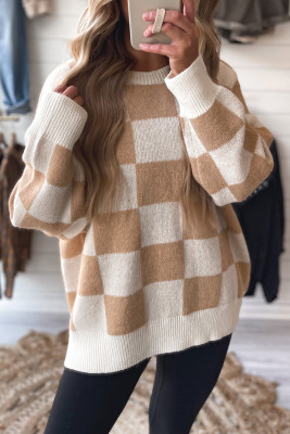 Parchment Checkered Pattern Ribbed Trim Knit Baggy Sweater