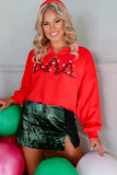 Tomato Red Christmas Tree Embroidered Notched Neck Cropped Sweatshirt