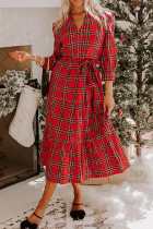 Red Christmas Plaid V Neck 3/4 Sleeve Tie Waist Ruffle Hem Long Dress