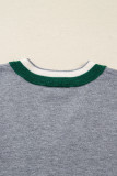 Gray Contrast Striped Trim V Neck Varsity Sweater