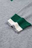 Gray Contrast Striped Trim V Neck Varsity Sweater