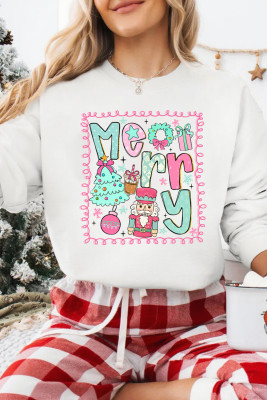 White Merry Christmas Fashion Print Cotton Blend Sweatshirt
