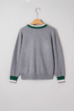 Gray Contrast Striped Trim V Neck Varsity Sweater