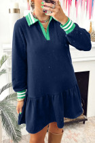Navy Blue Contrast Striped Cuffs Polo Collar Patchwork Long Sleeve Ruffle Hem Mini Dress