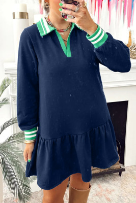 Navy Blue Contrast Striped Cuffs Polo Collar Patchwork Long Sleeve Ruffle Hem Mini Dress