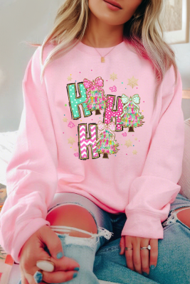 Pink HO HO HO Christmas Tree Graphic Pullover Sweatshirt