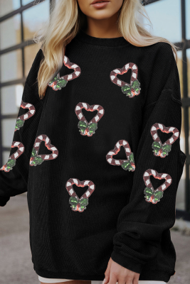 Black Sequin Christmas Candy Cane Heart Graphic Drop Shoulder Ribbed Sweatshirt