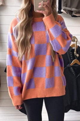 Grapefruit Orange Checkered Pattern Ribbed Trim Knit Baggy Sweater