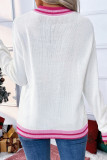 White Striped Trim Bow Graphic Round Neck Drop Shoulder Sweater