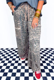 Khaki Plus Size Leopard Print Raw Edge Patch Pocket Drawstring Loose Pants