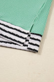 Sea Green Twisted Ribbed Contrast Round Neck Striped Patchwork Long Sleeve Top