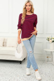 Red Stripe Contrast Ribbed Trim Crossed Stitch Drop Shoulder Sweatshirt
