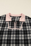 Black Plaid Polo Collar Zip up Contrast Trim Shift Long Sleeve Mini Dress