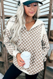 Khaki Checkered Print Quarter Zip Ribbed Patchwork Loose Sweatshirt
