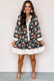 Blue Floral Print Striped Trim V Neck Long Sleeve Ruffle Hem Shift Mini Dress