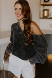 Black Mineral Wash V Neck Knit Exposed Seam Drop Shoulder Loose Sweater