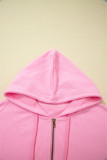 Sachet Pink Solid Color Ribbed Zip Up Drawstring Hooded Jacket