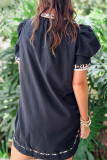 Black Leopard Trim Notched Neck Short Puff Sleeve Shift Mini Dress