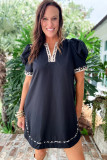Black Leopard Trim Notched Neck Short Puff Sleeve Shift Mini Dress