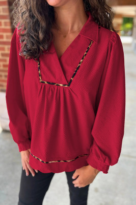 Fiery Red Collar V Neck Leopard Contrasted Trim Textured Blouse