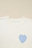 White Plaid Heart Embroidered Cuffed Drop Shoulder Crew Neck Sweater