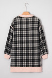 Black Plaid Polo Collar Zip up Contrast Trim Shift Long Sleeve Mini Dress