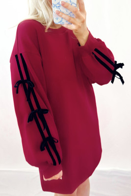 Racing Red Contrast Striped Bow Detail Drop Shoulder Sweatshirt Dress with Pockets