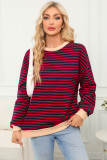 Red Stripe Contrast Ribbed Trim Crossed Stitch Drop Shoulder Sweatshirt