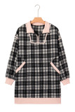 Black Plaid Polo Collar Zip up Contrast Trim Shift Long Sleeve Mini Dress