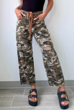 Green Camouflage Print Splashed Distressed Loose Denim Pants