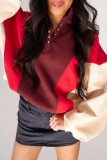 Fiery Red Color Block Patchwork Snap Button Oversize Hoodie