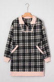 Black Plaid Polo Collar Zip up Contrast Trim Shift Long Sleeve Mini Dress