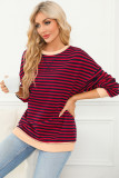 Red Stripe Contrast Ribbed Trim Crossed Stitch Drop Shoulder Sweatshirt