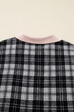 Black Plaid Polo Collar Zip up Contrast Trim Shift Long Sleeve Mini Dress
