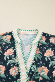 Blue Floral Print Striped Trim V Neck Long Sleeve Ruffle Hem Shift Mini Dress