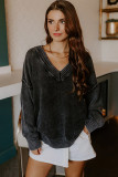 Black Mineral Wash V Neck Knit Exposed Seam Drop Shoulder Loose Sweater