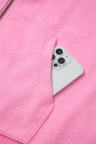 Sachet Pink Solid Color Ribbed Zip Up Drawstring Hooded Jacket