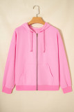 Sachet Pink Solid Color Ribbed Zip Up Drawstring Hooded Jacket