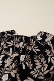 Black 3/4 Sleeve Botanical Print Split Neck Loose Mini Dress