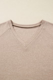Oatmeal V Neck Contrast Lace Patchwork Long Sleeve Top