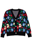 Black Floral Print V Neck Buttoned Short Cardigan Sweater