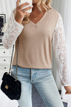 Oatmeal V Neck Contrast Lace Patchwork Long Sleeve Top