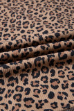 Khaki Ribbed Leopard Print Contrast Collar Zip Hooded Pullover Sweatshirt